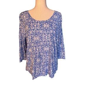 Lulu-B Size Large Blue White Print Oversized Stretchy Tee Top 3/4 Sleeve